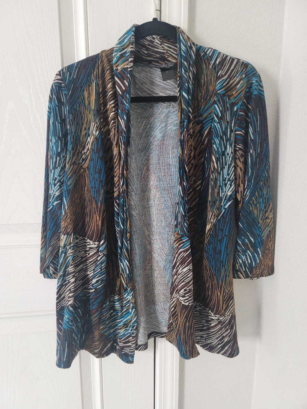 Open-Front Patterned Cardigan Sweater in Teal and Brown